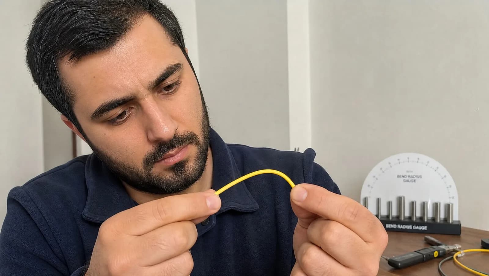 Fiber kablonun bükülme yarıçapını bend radius gauge ile kontrol eden teknisyen