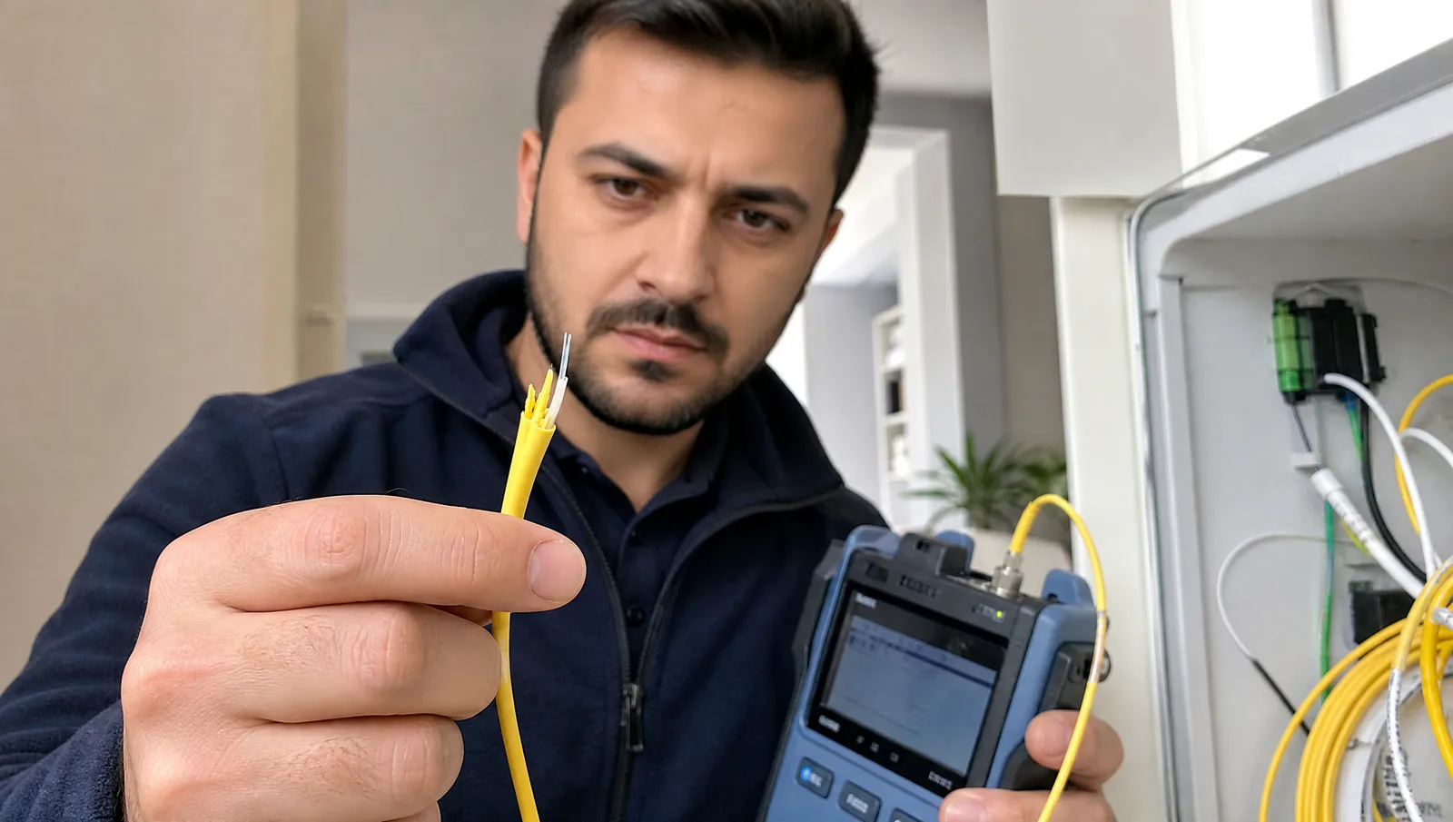 Hasarlı fiber kablo ucunu OTDR cihazıyla inceleyen teknisyen