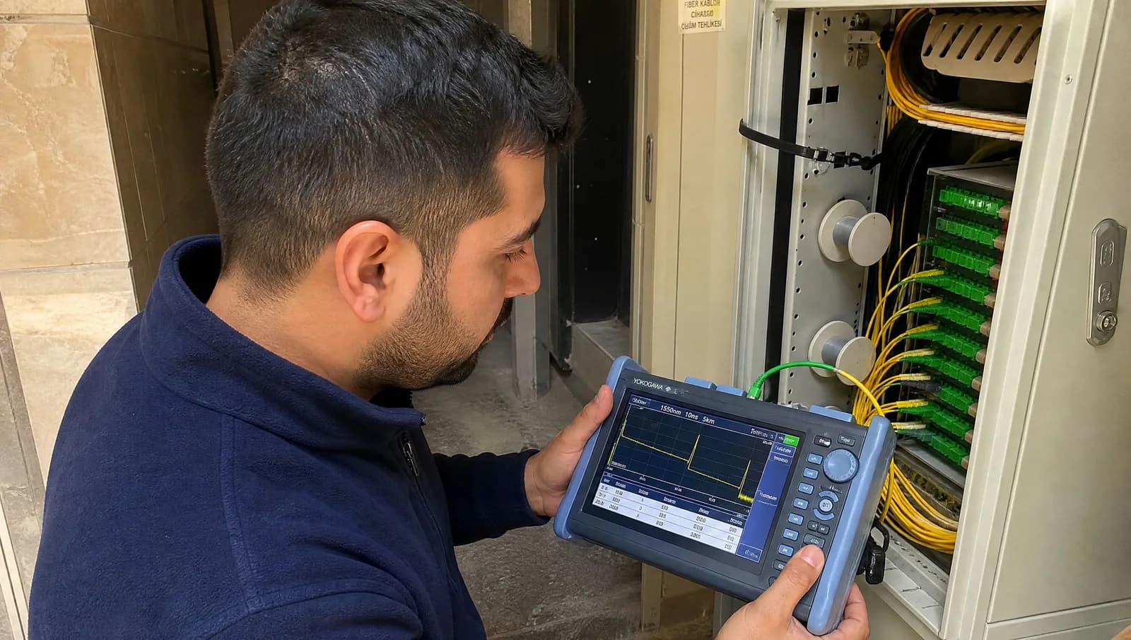 Bina girişi ODF dolabında OTDR cihazıyla fiber hat ölçümü yapan teknisyen