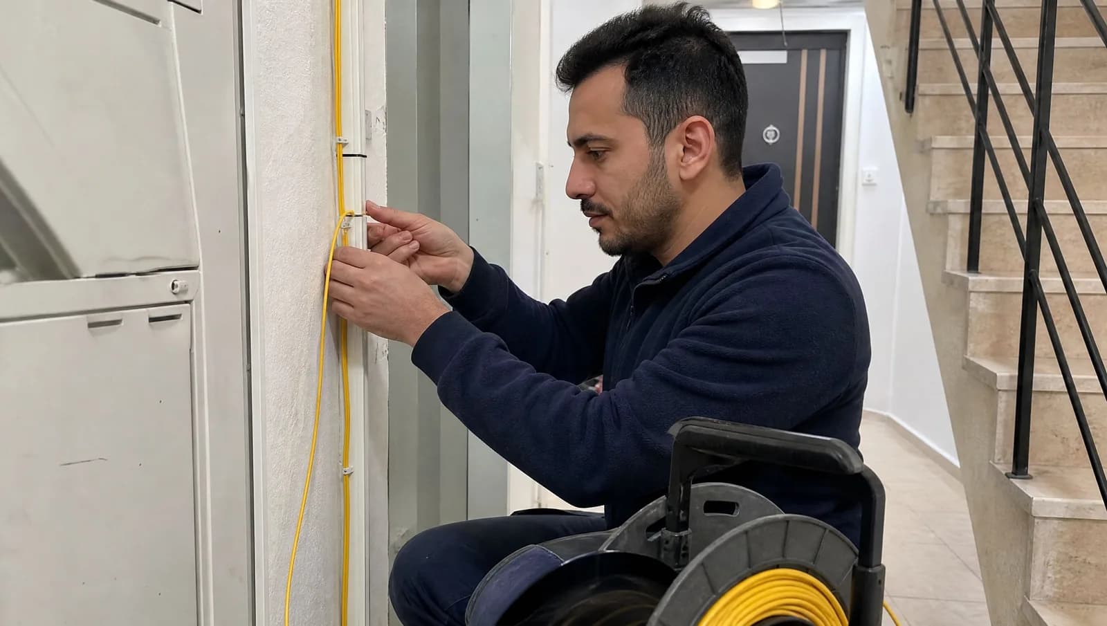 Apartman merdiven boşluğunda fiber kablo döşeyen teknisyen
