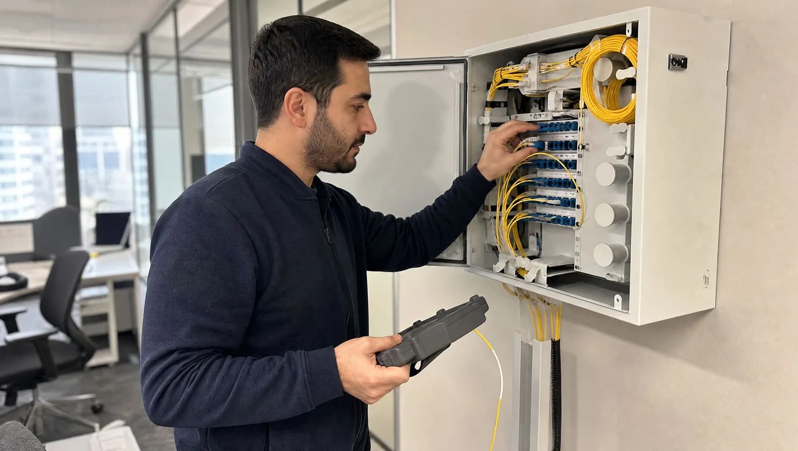 Ofis fiber dağıtım kutusunda konnektör bağlantısını kontrol eden teknisyen